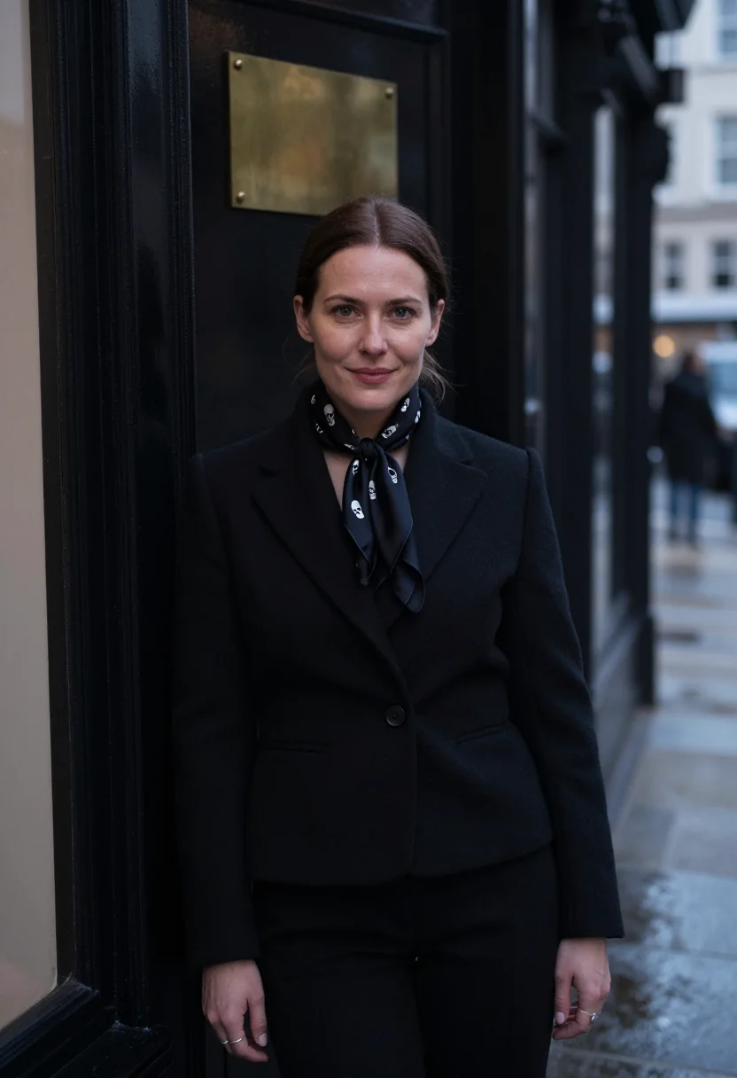 AI mcqueen savile row skull scarf black silver sample — portrait of a woman, a French woman in her late thirties wit