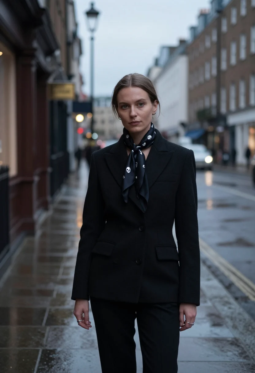 AI mcqueen savile row skull scarf black silver sample — portrait of a woman, a Polish woman in her late twenties wit