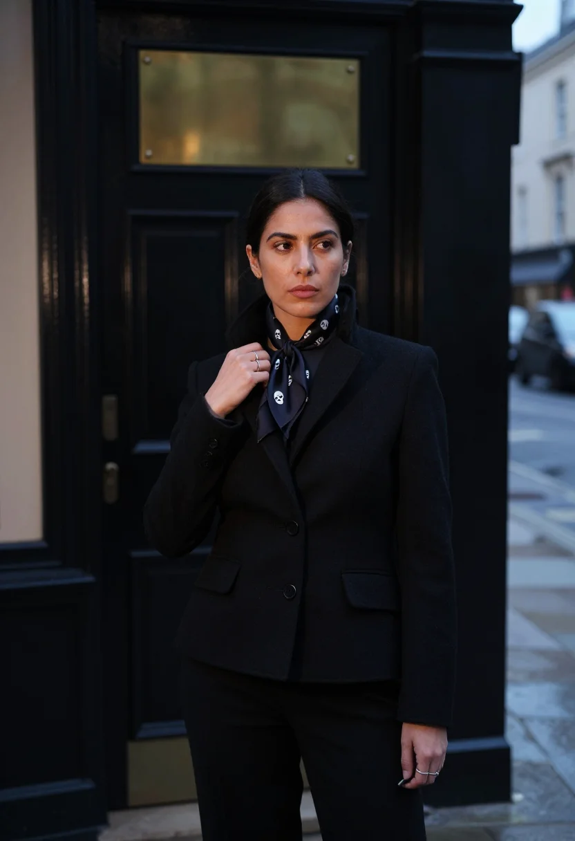 AI mcqueen savile row skull scarf black silver sample — portrait of a woman, a Spanish woman in her early thirties w
