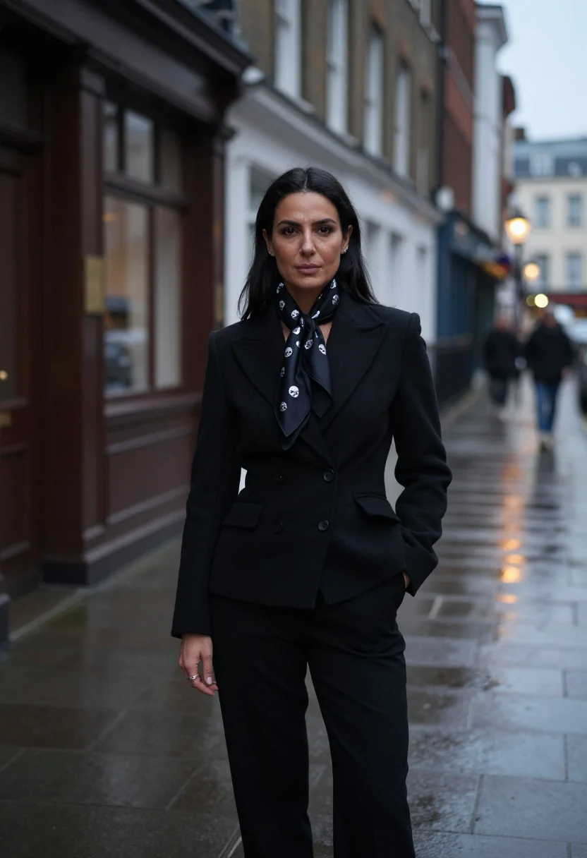 AI mcqueen savile row skull scarf black silver sample — portrait of a woman, a Greek woman in her mid-thirties with