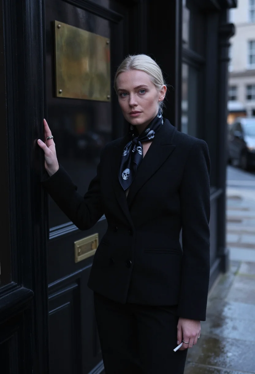 AI mcqueen savile row skull scarf black silver sample — portrait of a woman, a Scottish woman in her mid-twenties wi