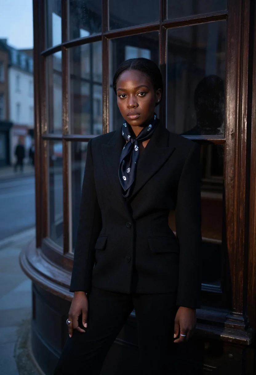AI mcqueen savile row skull scarf black silver sample — portrait of a woman, a British-Nigerian woman in her early t