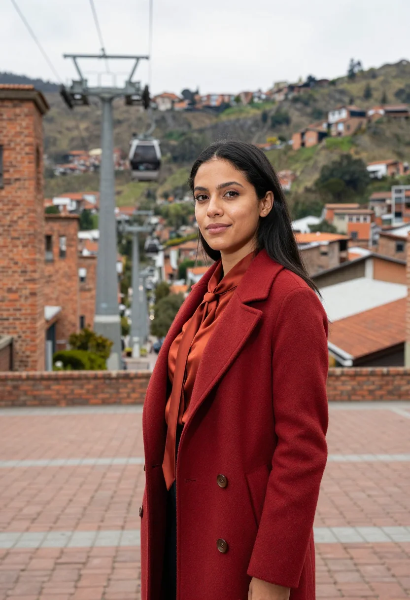 AI medellin urban planner brick red sample — portrait of a woman, a Colombian urban planner in her late t