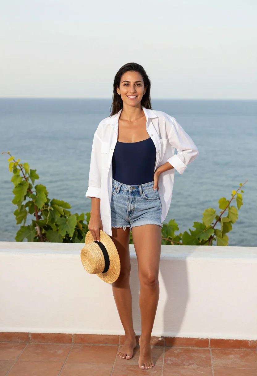 AI mediterranean terrace sample — portrait of a woman, full-length photograph of a Turkish wom