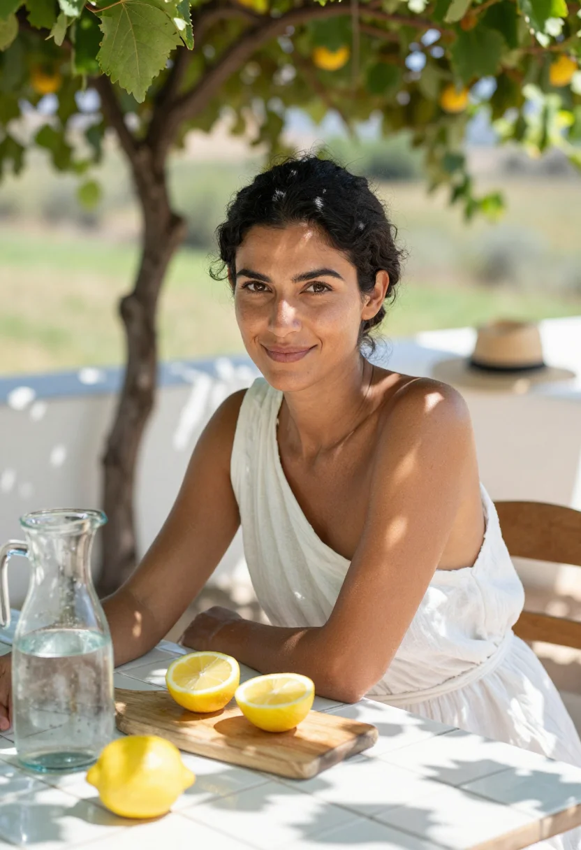 AI mediterranean terrace sample — portrait of a woman, chest-up photograph of an Italian woman