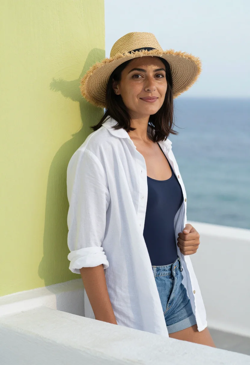 AI mediterranean terrace sample — portrait of a woman, chest-up photograph of a Greek woman in