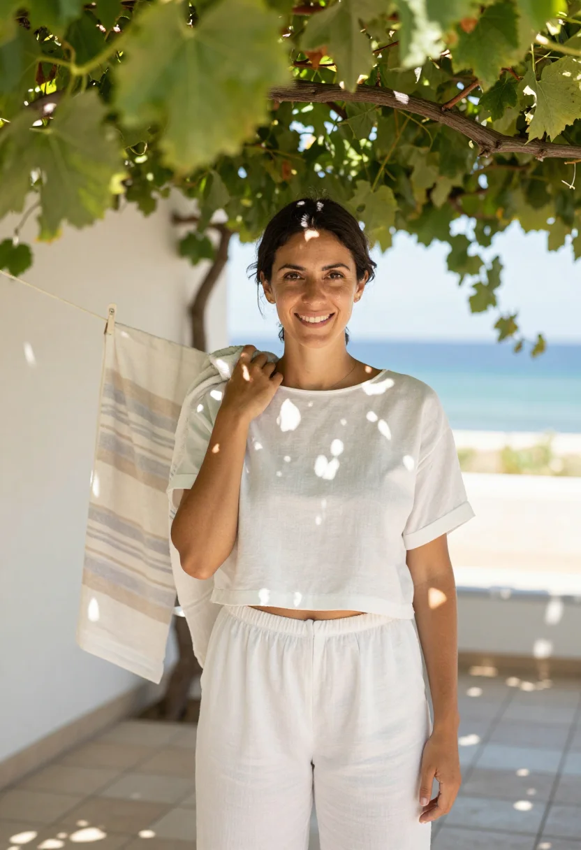 AI mediterranean terrace sample — portrait of a woman, chest-up photograph of a Spanish woman