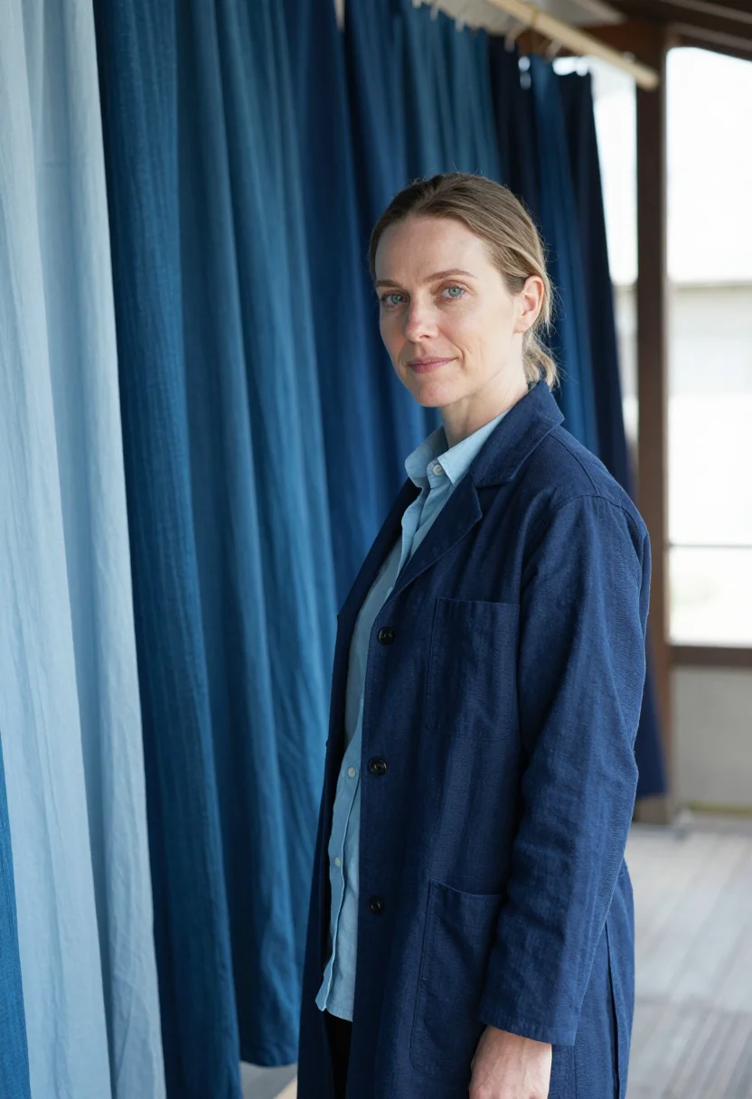 AI meguro fashion designer indigo aizome sample — portrait of a woman, a fashion designer of Western European