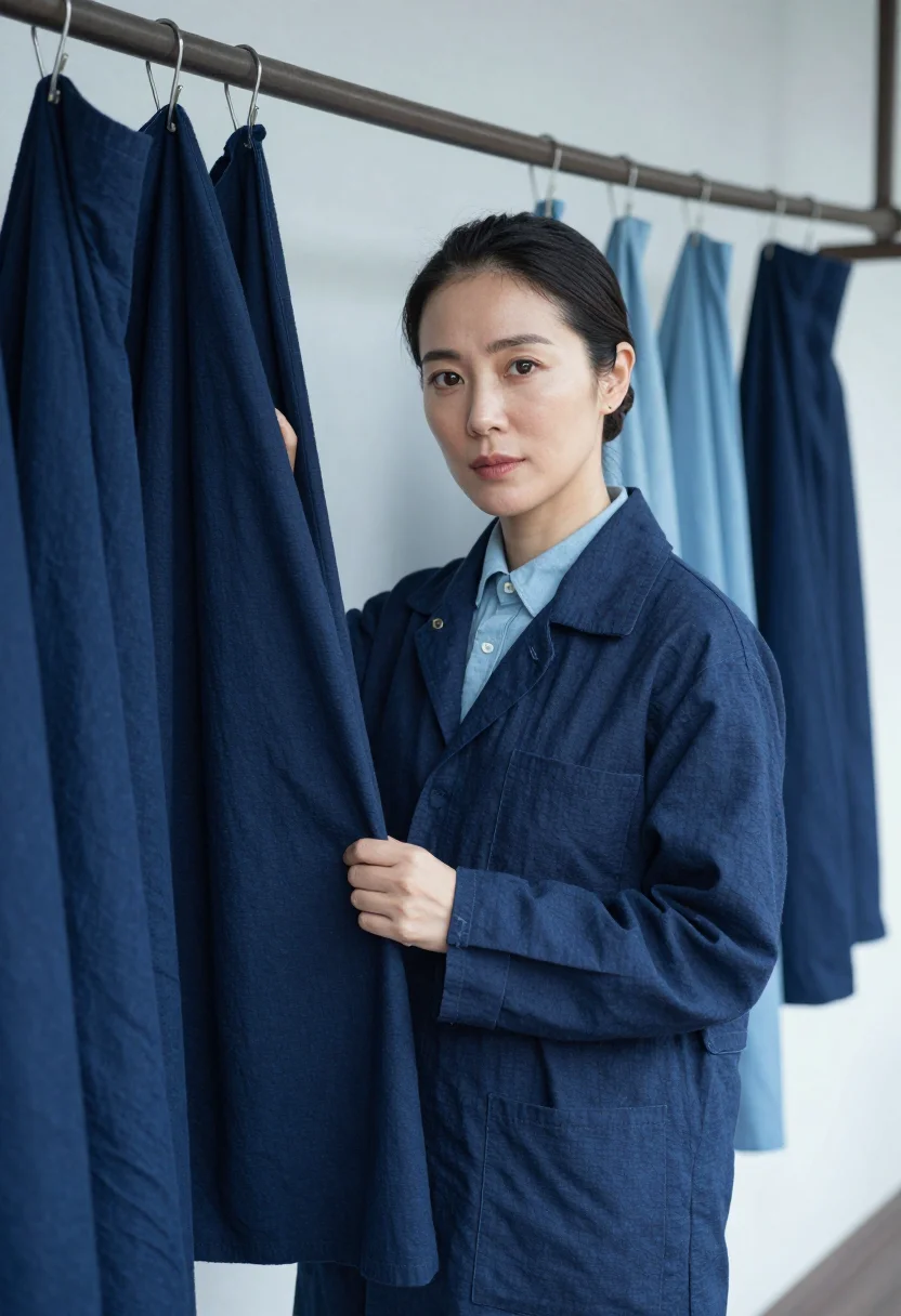 AI meguro fashion designer indigo aizome sample — portrait of a woman, a fashion designer of Korean descent in