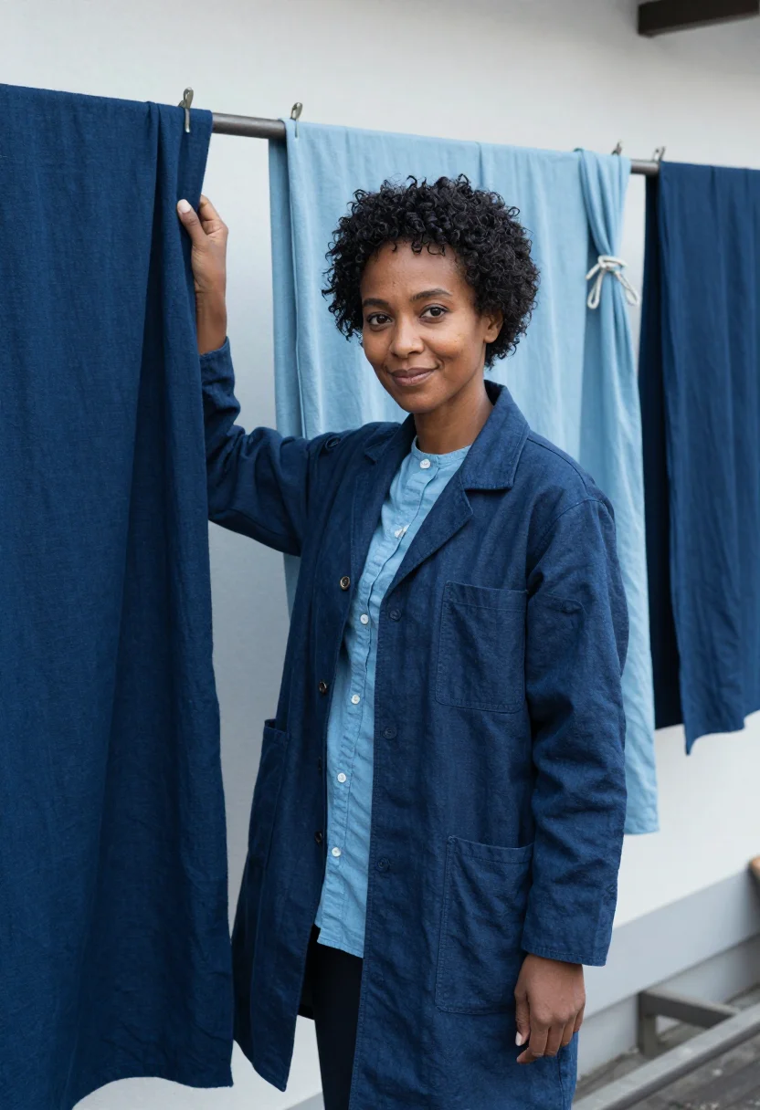 AI meguro fashion designer indigo aizome sample — portrait of a woman, a fashion designer of Japanese and West