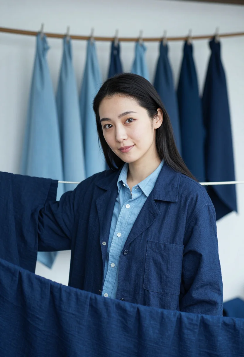 AI meguro fashion designer indigo aizome sample — portrait of a woman, a fashion designer of Japanese descent