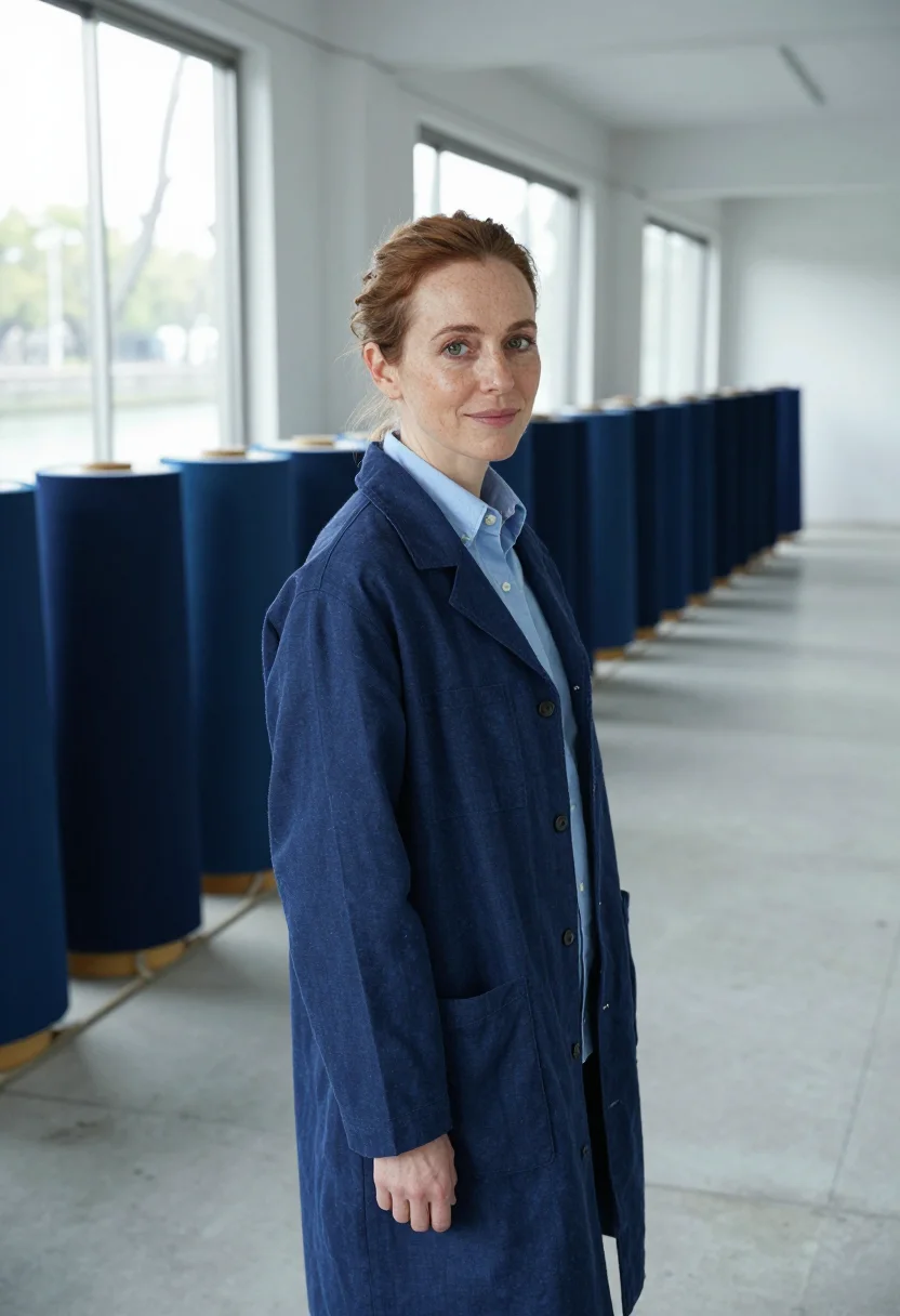 AI meguro fashion designer indigo aizome sample — portrait of a woman, a fashion designer of Western European