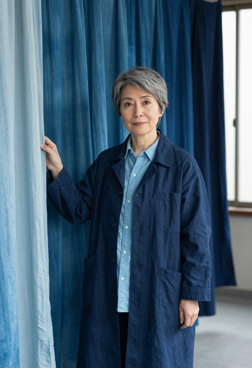AI meguro fashion designer indigo aizome sample — portrait of a woman, a fashion designer of Japanese descent