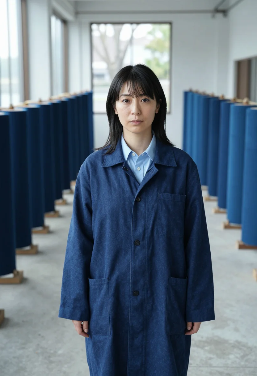 AI meguro fashion designer indigo aizome sample — portrait of a woman, a fashion designer of Japanese descent