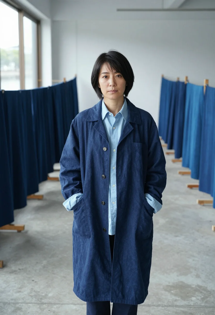 AI meguro fashion designer indigo aizome sample — portrait of a woman, a fashion designer of Japanese descent