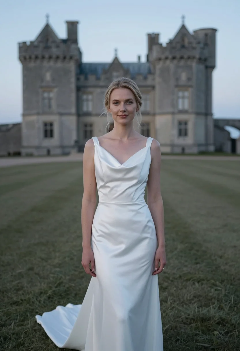 AI melancholia tjoloholm castle wedding white sample — bridal portrait of a woman, in her early thirties, of Swedis