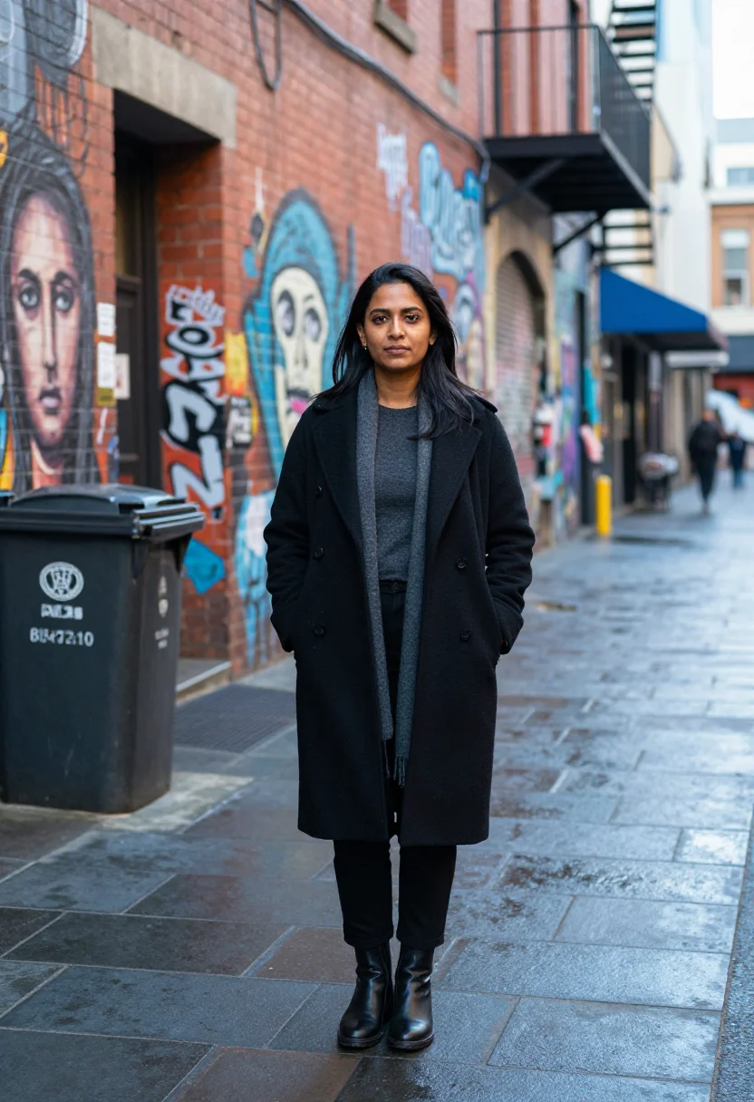 AI melbourne laneway sample — portrait of a woman, full-length portrait of a South-Asian w