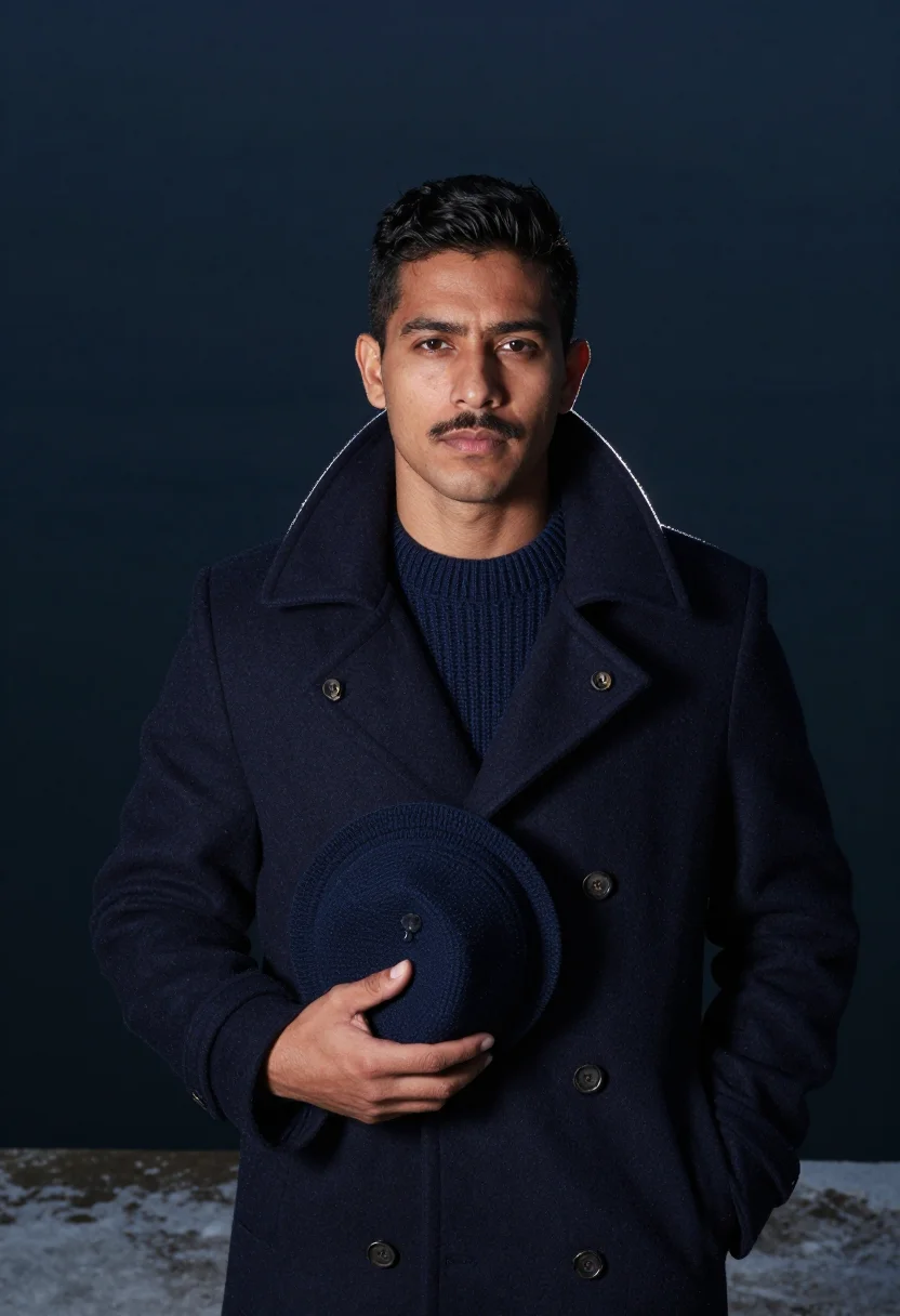 AI melton navy sample — portrait of a man, chest-up portrait of a Latin-American man