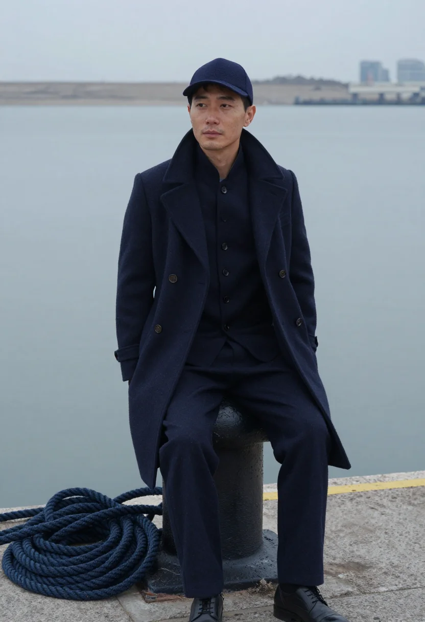 AI melton navy sample — portrait of a man, half-length portrait of an East-Asian man