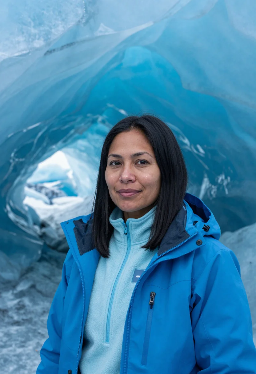 AI mendenhall ice cave glaciologist blue sample — portrait of a woman, chest-up portrait of a Tlingit woman in