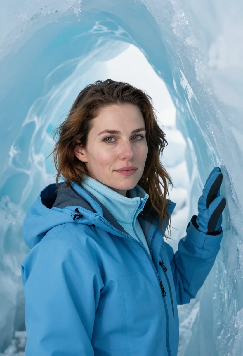 AI mendenhall ice cave glaciologist blue sample — portrait of a woman, chest-up portrait of a Western-European