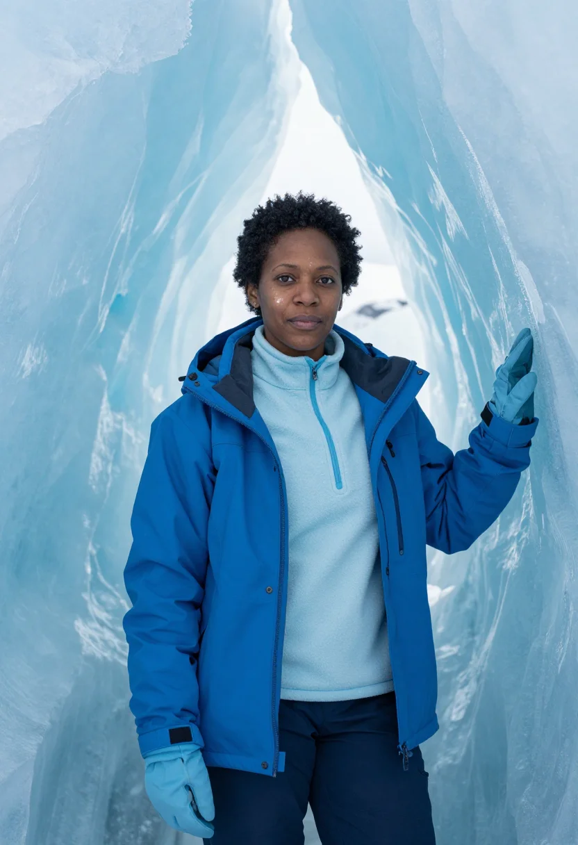 AI mendenhall ice cave glaciologist blue sample — portrait of a woman, half-length portrait of a Black woman i