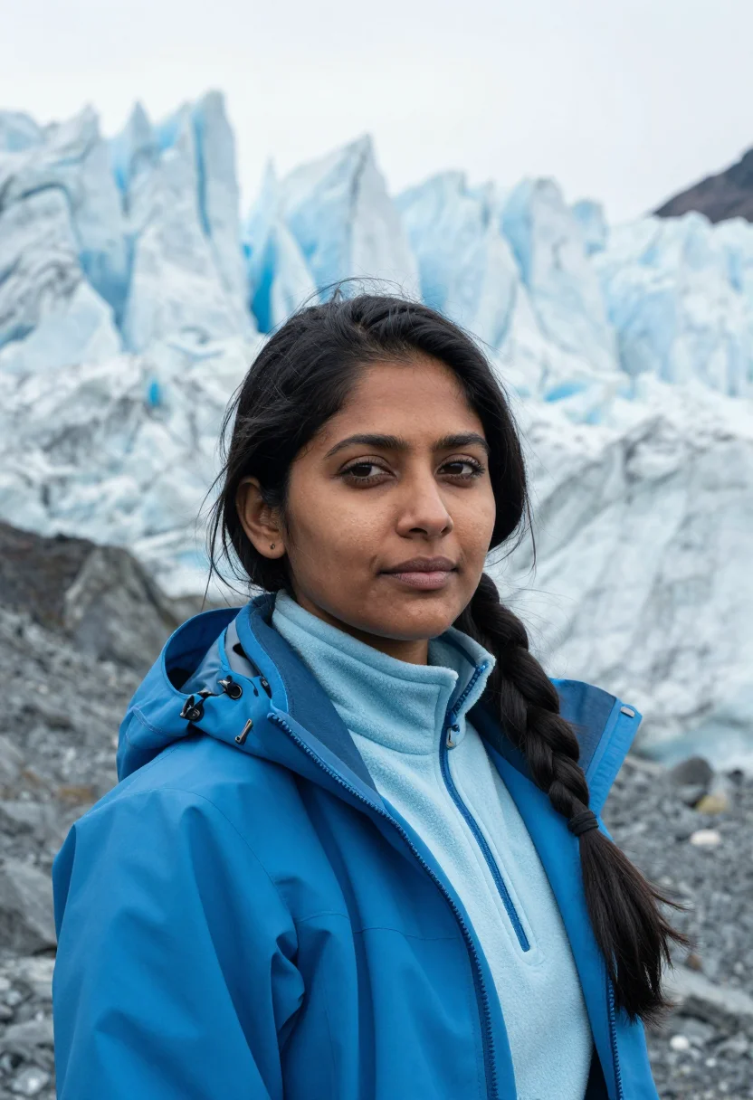 AI mendenhall ice cave glaciologist blue sample — portrait of a woman, head-and-shoulders portrait of a South-