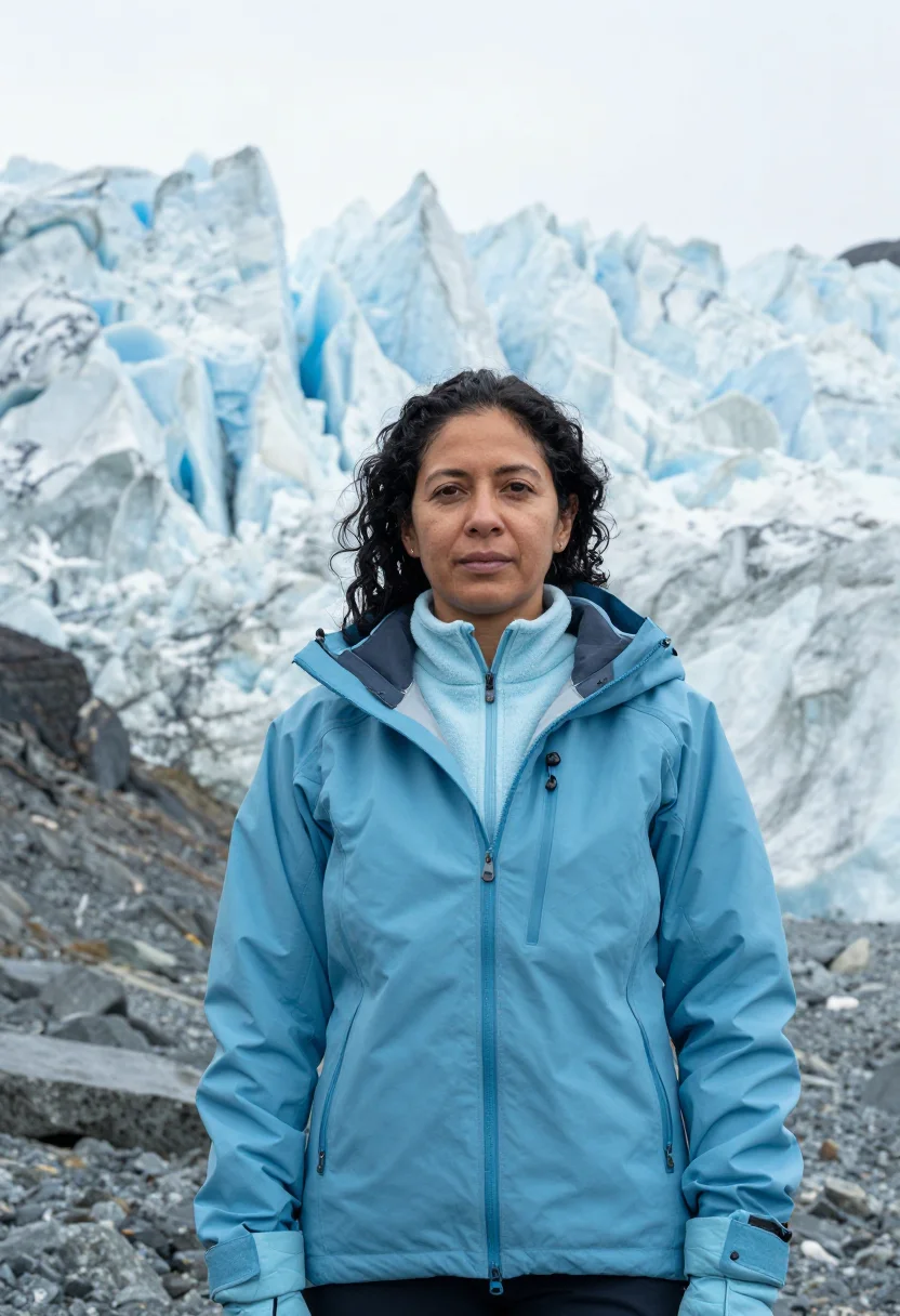 AI mendenhall ice cave glaciologist blue sample — portrait of a woman, half-length portrait of a Mediterranean