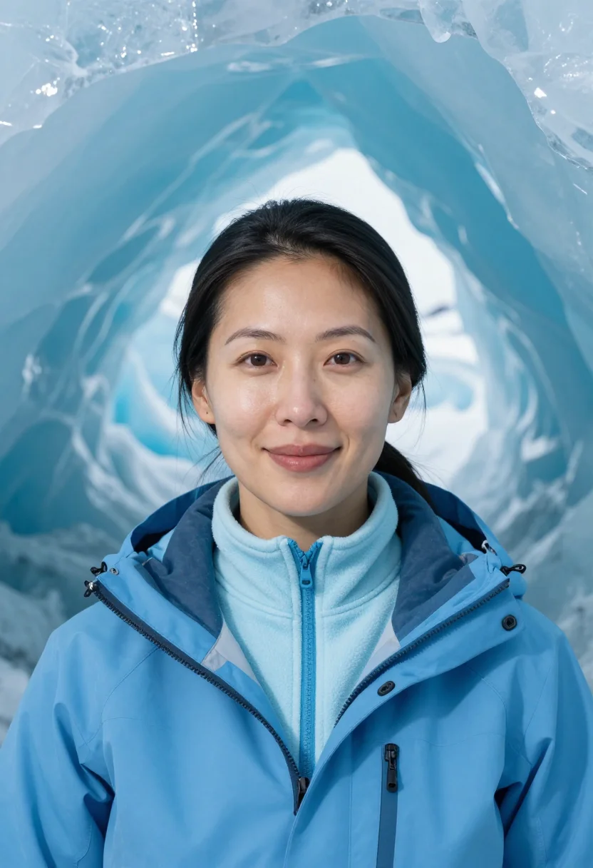 AI mendenhall ice cave glaciologist blue sample — portrait of a woman, head-and-shoulders portrait of an East-