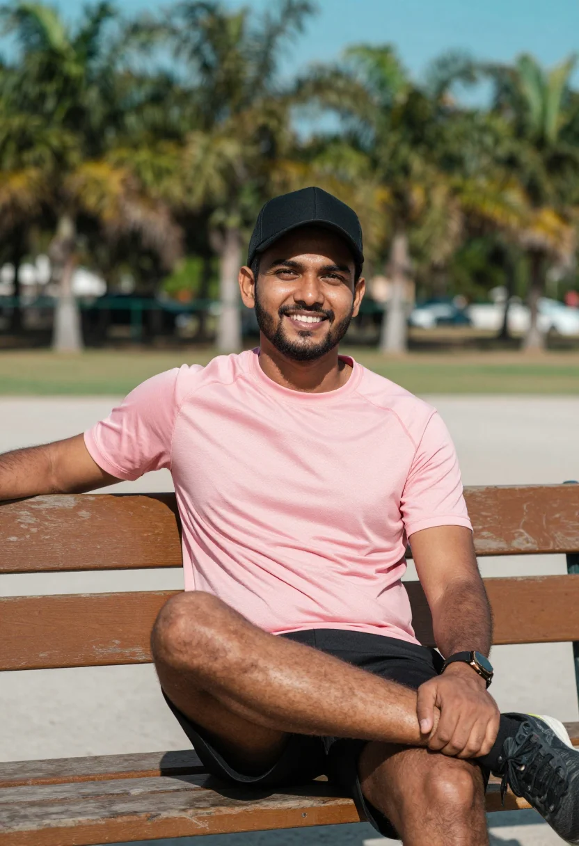 AI messi miami pink sample — editorial portrait photograph, a South-Asian man in his late