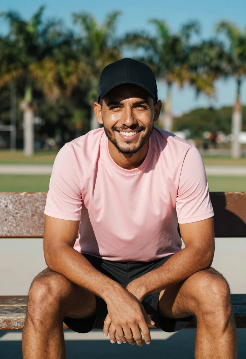 AI messi miami pink sample — editorial portrait photograph, a South-American man in his m