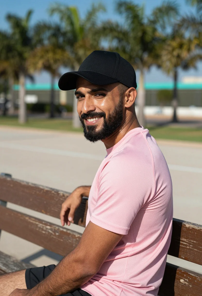 AI messi miami pink sample — editorial portrait photograph, a Middle-Eastern man in his e