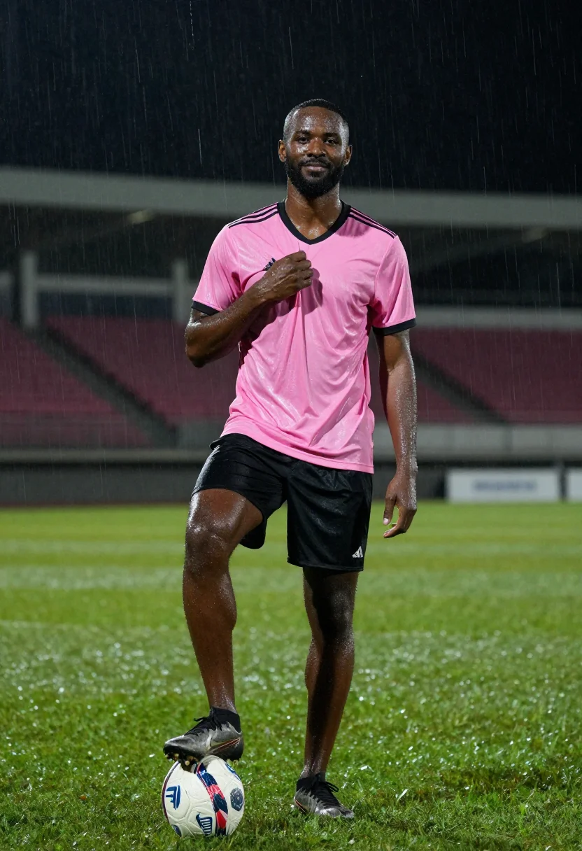 AI messi miami pink sample — editorial portrait photograph, an Afro-Caribbean man in his