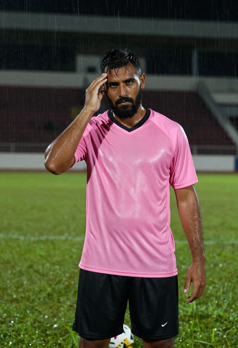 AI messi miami pink sample — editorial portrait photograph, a Southern-European man in hi