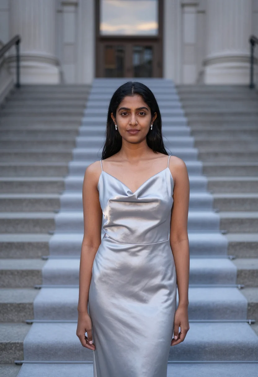 AI met gala first monday may gown sample — portrait of a woman, an Indian-American woman in her late tw