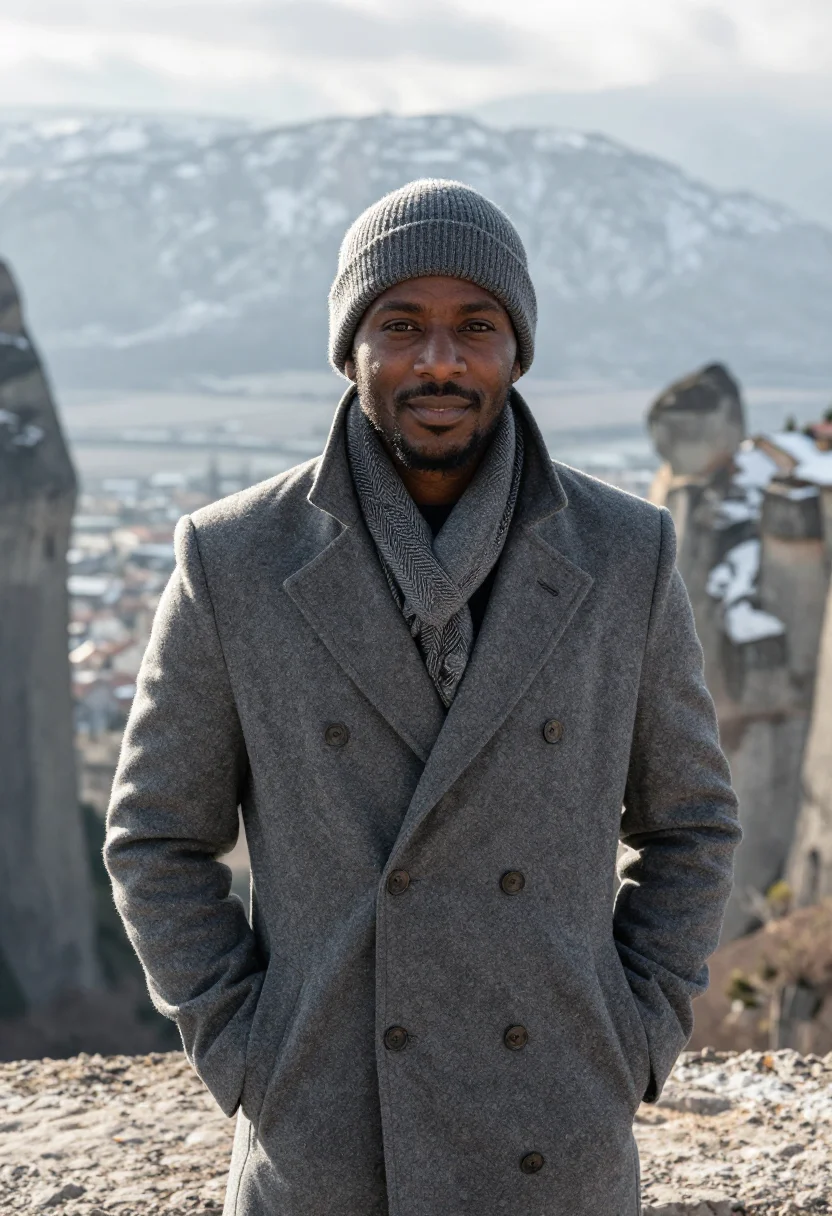 AI meteora january snow rock sample — portrait of a man, framed chest-up, the crop at the lower ri