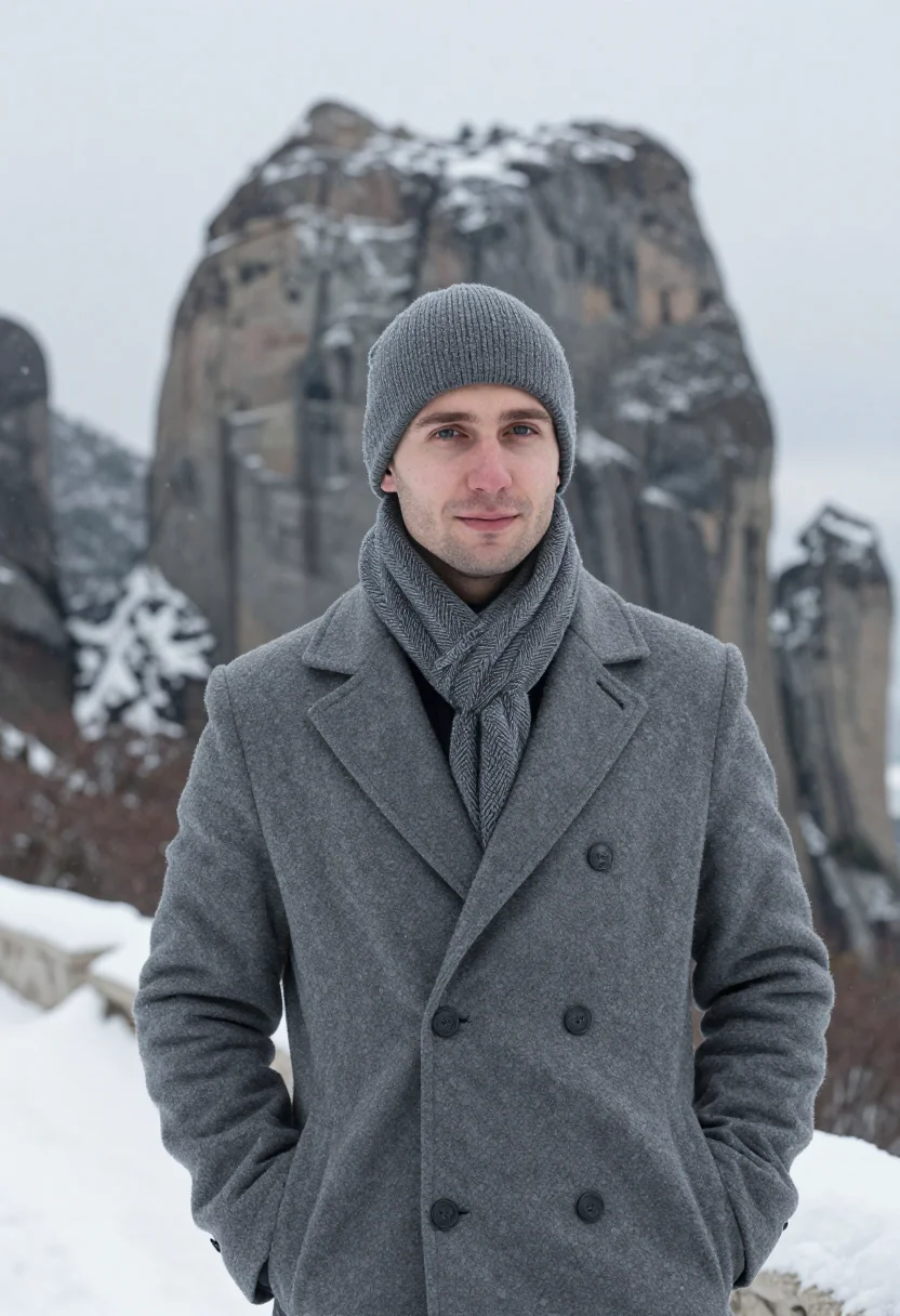 AI meteora january snow rock sample — portrait of a man, framed chest-up, the crop at the lower ri
