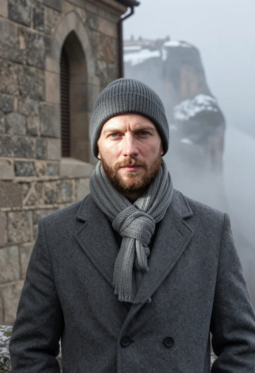 AI meteora january snow rock sample — portrait of a man, framed tight, head and shoulders, the bod