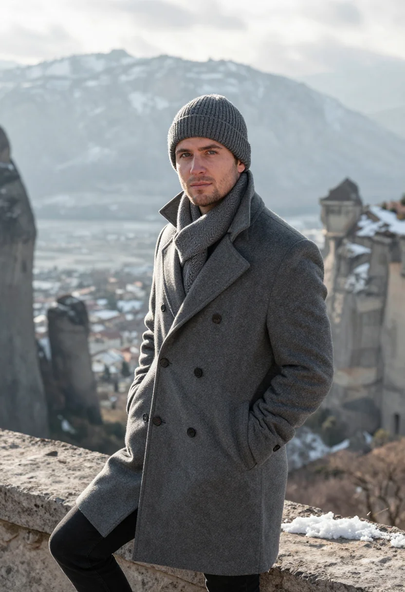 AI meteora january snow rock sample — portrait of a man, framed half-length from the waist up, a m