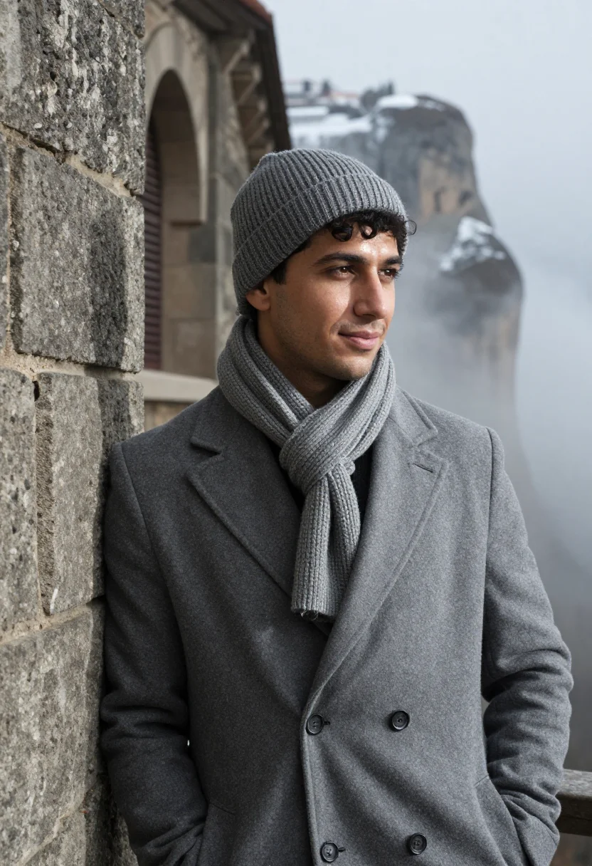 AI meteora january snow rock sample — portrait of a man, framed chest-up, the crop at the lower ri