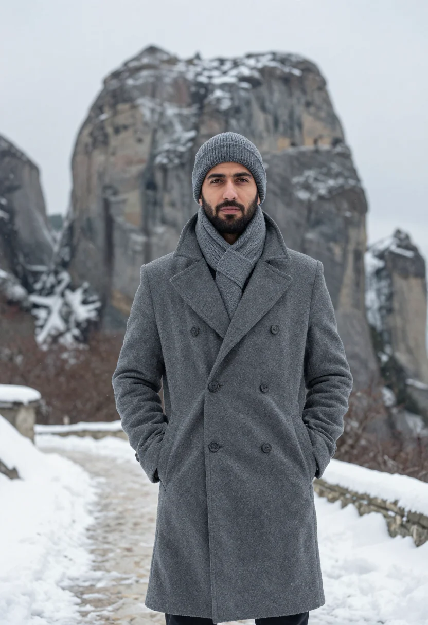 AI meteora january snow rock sample — portrait of a man, framed three-quarter length from the knee