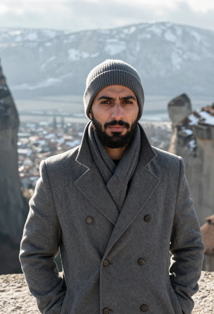 AI meteora january snow rock sample — portrait of a man, framed tight, head and shoulders, the bod