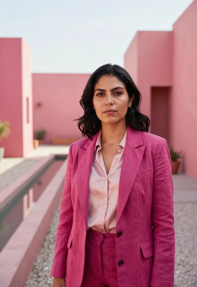 AI mexico city architect barragan pink sample — portrait of a woman, a Mexican architect in her late thirtie