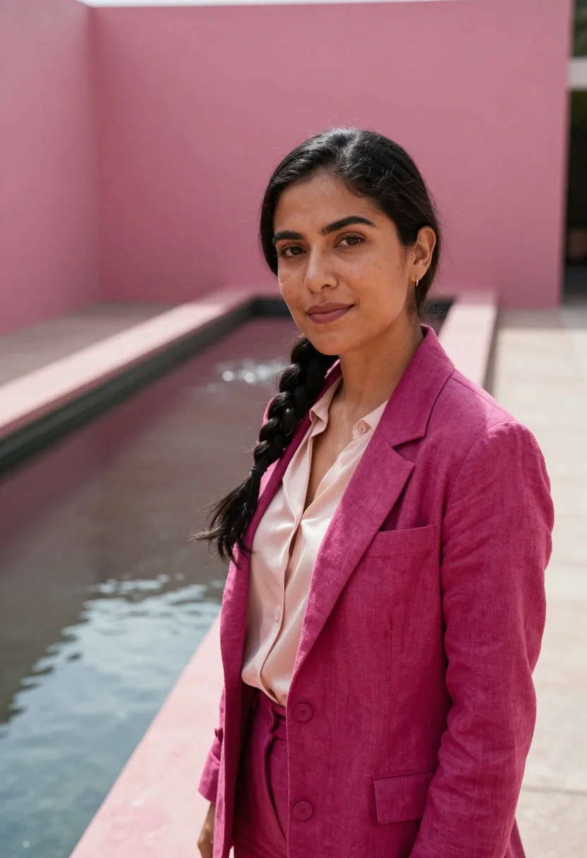 AI mexico city architect barragan pink sample — portrait of a woman, a Mexican architect in her early thirti