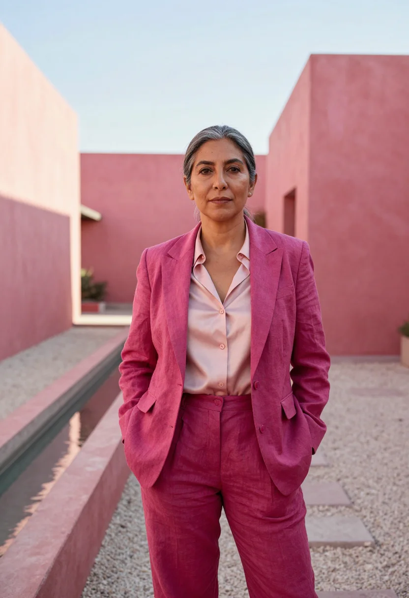 AI mexico city architect barragan pink sample — portrait of a woman, a Mexican architect in her late forties