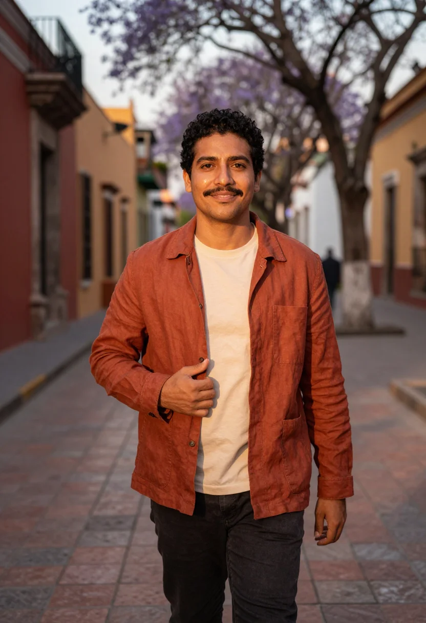 AI mexico city roma norte november terracotta sample — portrait of a man, framed chest-up to the ribs, the body clo