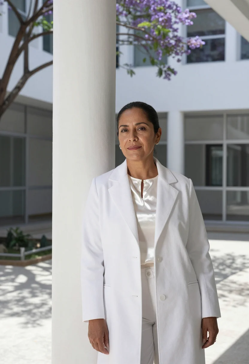 AI mexico city surgeon hospital modernist white sample — portrait of a woman, a Mexican surgeon in her late forties w