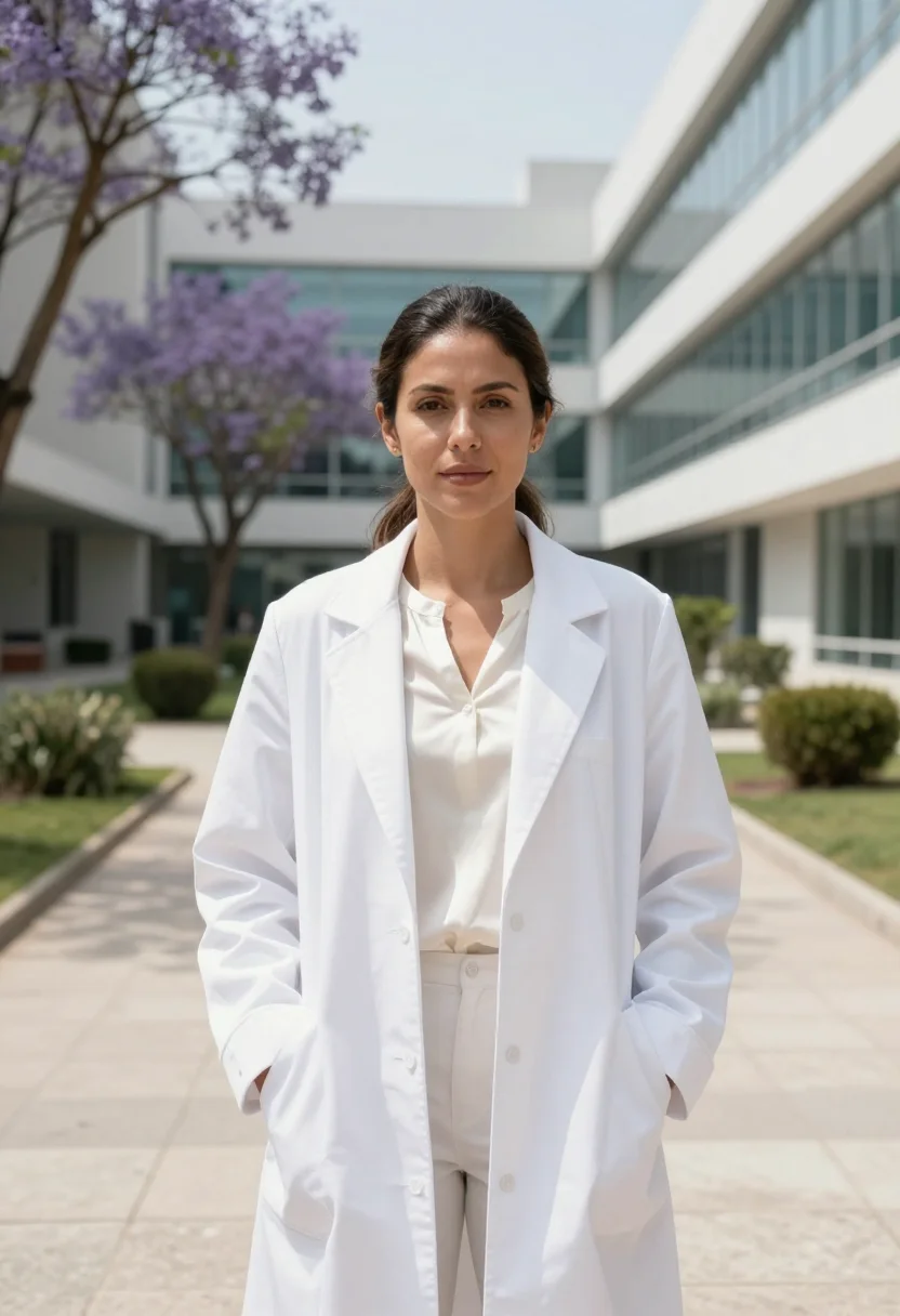 AI mexico city surgeon hospital modernist white sample — portrait of a woman, a Colombian surgeon in her mid-forties