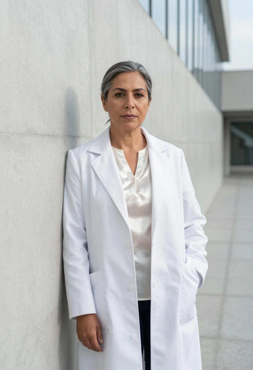 AI mexico city surgeon hospital modernist white sample — portrait of a woman, a Mexican surgeon in her early fifties