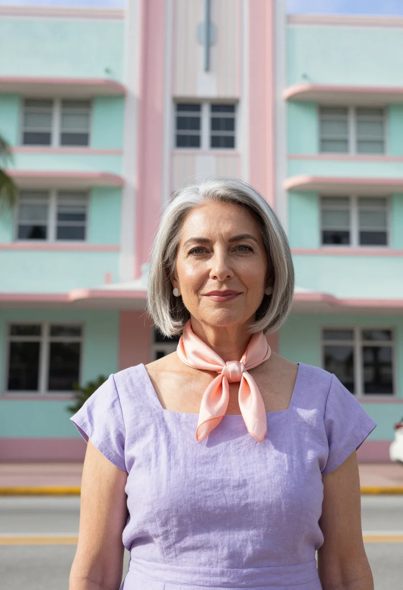 AI miami beach deco preservationist palette sample — portrait of a woman, in her fifties, with fair skin, grey-gr